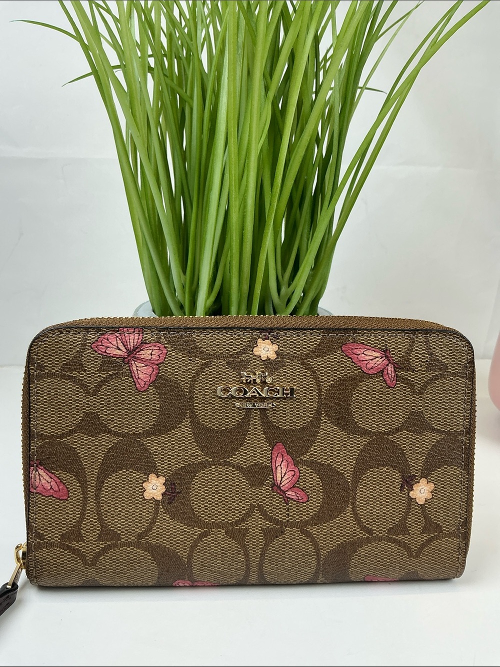 Coach Brown Signature Canvas Wallet with Pink Butterflies Accents